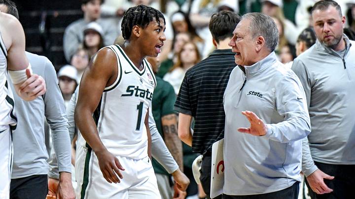 Michigan State's head coach Tom Izzo, right, talks with Jeremy Fears Jr. during the first half in the game against Maryland on Saturday, Jan. 24, 2026, at the Breslin Center in East Lansing.