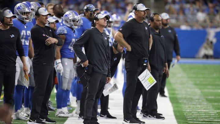 Lions offensive coordinator Ben Johnson and head coach Dan Campbell stand on the sidelines during the second half of a preseason game. Lions offensive coordinator Ben Johnson and head coach Dan Campbell stand on the sidelines during the second half of a preseason game.