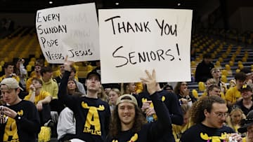 Mar 8, 2025; Columbia, Missouri, USA; Missouri Tigers Fans thank seniors before the game against the Kentucky Wild Cats at Mizzou Arena. Mandatory Credit: Gary Rohman-Imagn Images