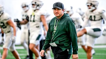 Michigan State football head coach Jonathan Smith looks on during practice on Tuesday, April 8, 2025, in East Lansing.
