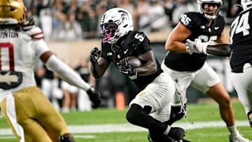 Michigan State's Makhi Frazier runs for a gain against Boston College during the second quarter on Saturday, Sept. 6, 2025, at Spartan Stadium in East Lansing.