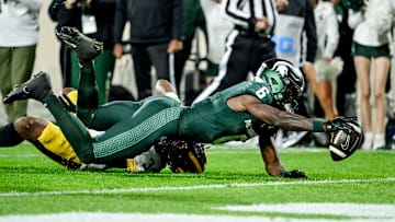 Michigan State's Nick Marsh attempts to score after a catch against Iowa during the fourth quarter on Saturday, Oct. 19, 2024, at Spartan Stadium in East Lansing. Marsh was ruled down just short of the goal line.
