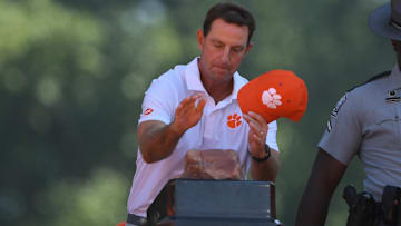Sep 21, 2024; Clemson, South Carolina, USA; Clemson Tigers head coach Dabo Swinney at Howard's Rock before kickoff against the North Carolina State Wolfpack at Memorial Stadium. Mandatory Credit: Ken Ruinard-Imagn Images