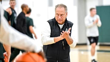 Michigan State's coach Tom Izzo looks on during the first day of basketball practice on Monday, Sept. 22, 2025, at the Breslin Center in East Lansing.