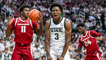 Michigan State's Cam Ward, center, celebrates after a score against Arkansas during the first half on Saturday, Nov. 8, 2025, at the Breslin Center in East Lansing.