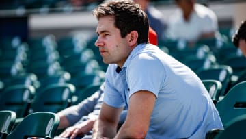 Detroit Tigers president of baseball operations Scott Harris watches live batting practice during spring training at TigerTown in Lakeland, Fla. on Friday, Feb. 23, 2024.