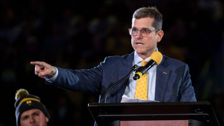 Jan 13, 2024; Ann Arbor, MI, USA; Michigan head coach Jim Harbaugh speaks during the national championship celebration at Crisler Center in Ann Arbor on Saturday, Jan. 13, 2024. Mandatory Credit: Junfu Han-USA TODAY Sports