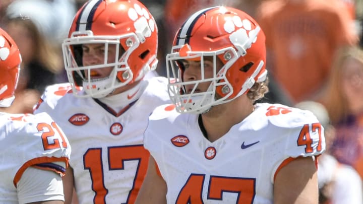 Clemson linebacker Wade Woodaz (17) and Clemson linebacker Sammy Brown (47) during the first quarter of the Spring football game in Clemson, S.C. Saturday, April 6, 2024.