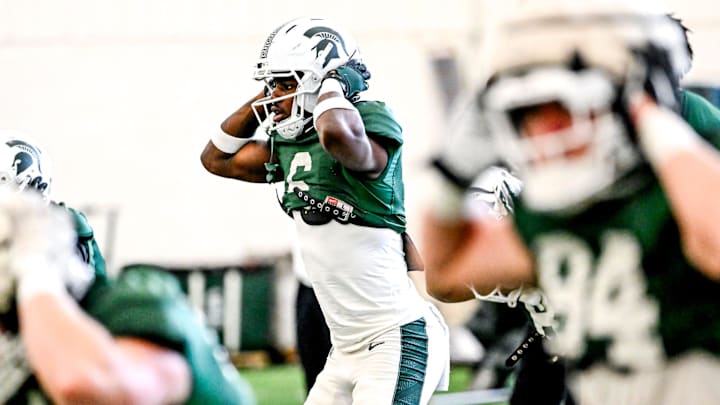 Michigan State's Nick Marsh warms up during football practice on Tuesday, April 8, 2025, in East Lansing. Michigan State's Nick Marsh warms up during football practice on Tuesday, April 8, 2025, in East Lansing.