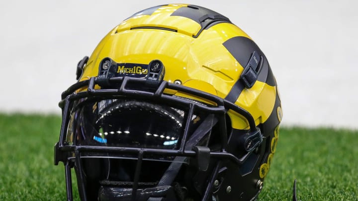 A Michigan football helmet on the sideline during open practice at NRG Stadium in Houston, Texas on Saturday, Jan. 6, 2024.