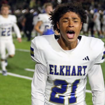 Elkhart senior Owen Aikinson celebrates after the Lions beat Penn, 7-3, in a football game Friday, Oct. 4, 2024, at Penn High School in Mishawaka.