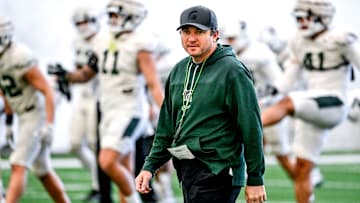 Michigan State football head coach Jonathan Smith looks on during practice on Tuesday, April 8, 2025, in East Lansing.