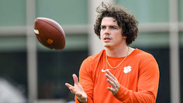 Ian Schieffelin, former Clemson basketball player who joined the Clemson Tigers football team as a tight end participates in drills at the 2025 Dabo Swinney Football Camp in Clemson, S.C. Tuesday, June 3, 2025.