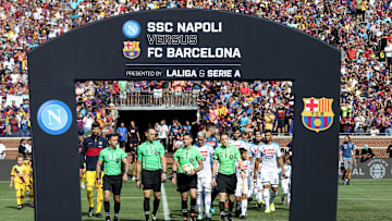 Referees and FC Barcelona and Napoli enter the pitch for the ceremonies at Michigan Stadium in Ann Arbor, Michigan on Saturday, August, 10, 2019. 

Soccer 081019 Es05