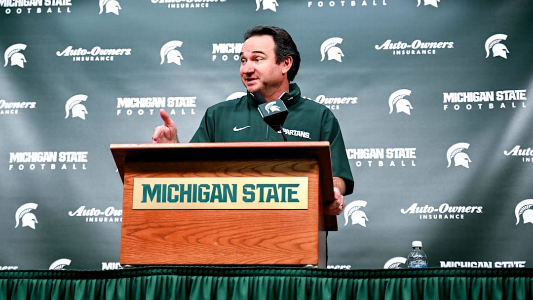 Michigan State coach Jonathan Smith talks the media on the first national signing day for college football recruits Wednesday, Dec. 4, 2024, at Spartan Stadium in East Lansing.