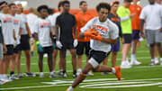 Jaxon Dollar, 2027 tight end from East Lincoln High in Denver, N.C. in a receiver drill during the 2025 Dabo Swinney Football Camp in Clemson, S.C. Tuesday, June 3, 2025.
