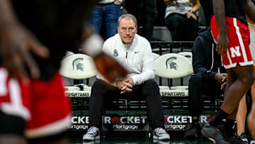 Michigan State's head coach Tom Izzo watches as Nebraska warms up before the game on Saturday, Dec. 7, 2024, at the Breslin Center in East Lansing.