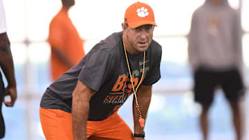 Clemson head coach Dabo Swinney during his 2025 football camp in Clemson, S.C. Tuesday, June 3, 2025.