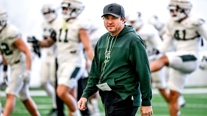 Michigan State football head coach Jonathan Smith looks on during practice on Tuesday, April 8, 2025, in East Lansing.