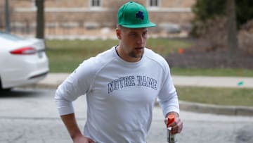 Notre Dame linebackers coach Max Bullough runs into practice Thursday, March 7, 2024, at the Irish Athletics Center in South Bend.