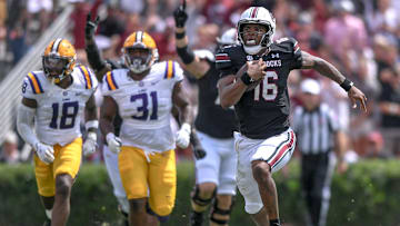 South Carolina quarterback LaNorris Sellers (16) runs for a touchdown against Louisiana State University during the second quarter at Williams-Brice Stadium in Columbia, S.C. Saturday, September 14, 2024.