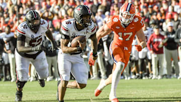Nov 30, 2024; Clemson, South Carolina, USA; South Carolina quarterback LaNorris Sellers (16) scores the winning touchdown against Clemson during the fourth quarter at Memorial Stadium. Mandatory Credit: Ken Ruinard-Imagn Images