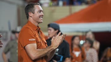 Colt McCoy, former Texas football and NFL athlete, is recognized as he is inducted into the Texas Hall of Honor as the Texas Longhorns take on ULM at Darrell K Royal-Texas Memorial Stadium in Austin on Saturday, Sept. 21, 2024.