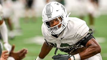 Michigan State's Armorion Smith runs a drill during camp on Monday, Aug. 5, 2024, at the indoor practice facility in East Lansing.