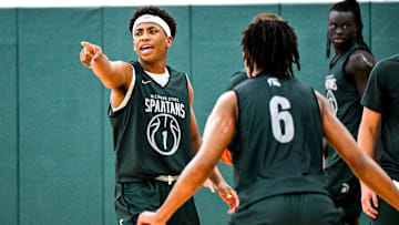 Michigan State's Jeremy Fears Jr. calls out to teammates during the first day of basketball practice on Monday, Sept. 22, 2025, at the Breslin Center in East Lansing.