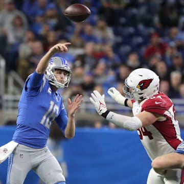 Detroit Lions quarterback Jared Goff passes against the Arizona Cardinals during the first half of the Lions' 30-12 win Sunday, Dec. 19, 2021, at Ford Field in Detroit.

Lions Ariz