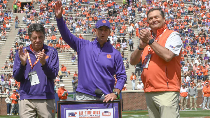 Clemson head coach Dabo Swinney is honored by IPTAY as the winning head football coach in school history before the Spring football game in Clemson, S.C. Saturday, April 6, 2024.