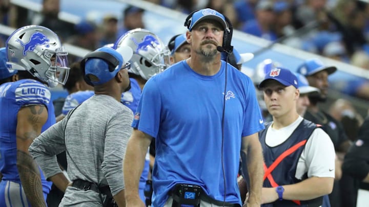 Detroit Lions head coach Dan Campbell on the sidelines during action against the Atlanta Falcons at Ford Field in Detroit on Sunday, Sept. 24, 2023.
