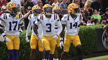 Louisiana State University cornerback Zy Alexander (14) intercepted a pass during the first quarter at Williams-Brice Stadium in Columbia, S.C. Saturday, September 14, 2024.