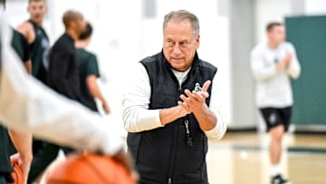 Michigan State's coach Tom Izzo looks on during the first day of basketball practice on Monday, Sept. 22, 2025, at the Breslin Center in East Lansing.