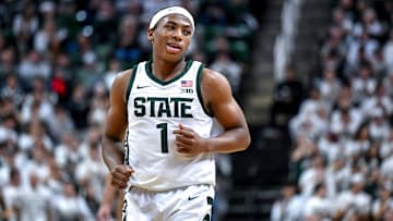 Michigan State's Jeremy Fears Jr. looks at Colgate's bench after his steal and score during the first half on Monday, Nov. 3, 2025, at the Breslin Center in East Lansing.