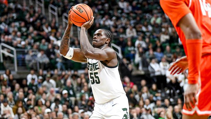Michigan State's Coen Carr shoots against Bowling Green during the first half on Thursday, Oct. 23, 2025, at the Breslin Center in East Lansing.
