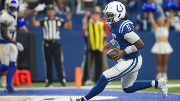 Indianapolis Colts quarterback Anthony Richardson (5) scores a touchdown during the second half of the game against the Los Angeles Rams on Sunday, Oct. 1, 2023, at Lucas Oil Stadium in Indianapolis. The Colts lost in overtime, 29-23.