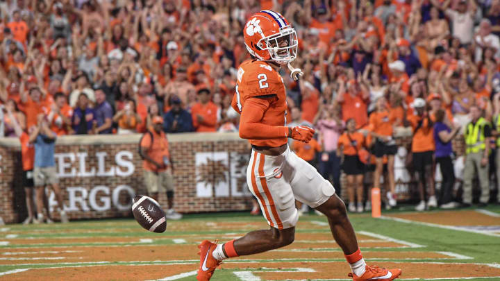 Sep 16, 2023; Clemson, South Carolina; Clemson cornerback Nate Wiggins (2) returns an interception for a touchdown during the first quarter against Florida Atlantic at Memorial Stadium.  Mandatory Credit: Ken Ruinard-USA TODAY NETWORK