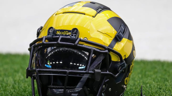 A Michigan football helmet on the sideline during open practice at NRG Stadium in Houston, Texas on Saturday, Jan. 6, 2024.