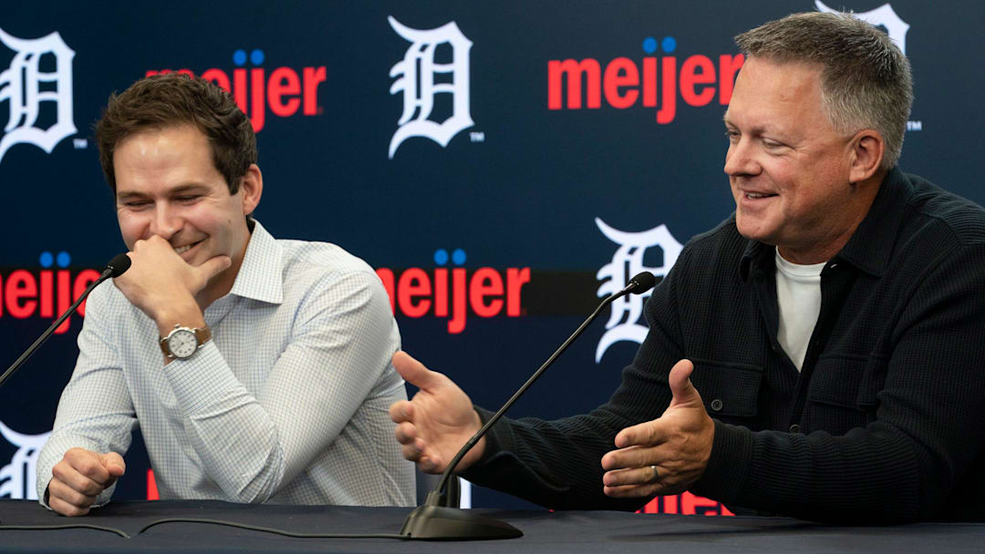 Detroit Tigers team president Scott Harris, left, and team manager A.J. Hinch speak to the press in an end of season press conference at Comerica Park on Monday, Oct. 13, 2025. Detroit Tigers team president Scott Harris, left, and team manager A.J. Hinch speak to the press in an end of season press conference at Comerica Park on Monday, Oct. 13, 2025.