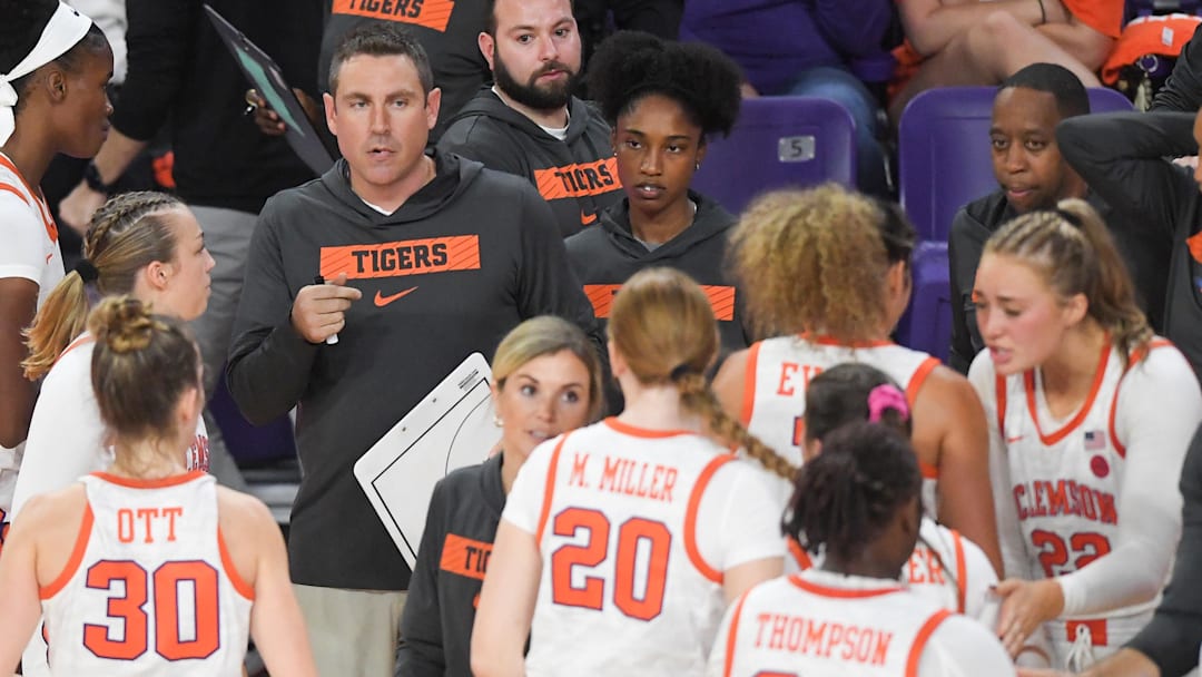 Nov 4, 2024; Clemson, SC, USA; Clemson Coach Shawn Poppie with the team playing Jackson State University during the fourth quarter at Littlejohn Coliseum in Clemson, S.C. Monday, Nov 4, 2024. 