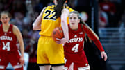 Indiana Hoosiers guard Nicole Cardano-Hillary (4) guards Iowa Hawkeyes guard Caitlin Clark (22) during the second quarter of the Big Ten women's championship game Sunday, March 6, 2022, at Gainbridge Fieldhouse in Indianapolis.
