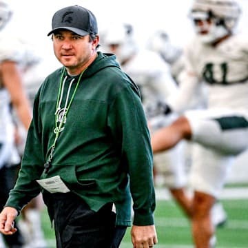 Michigan State football head coach Jonathan Smith looks on during practice on Tuesday, April 8, 2025, in East Lansing.