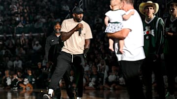 Former Spartans basketball player Jason Richardson talks to the crowd during the Michigan State Madness event on Friday, Oct. 4, 2024, at the Breslin Center in East Lansing.