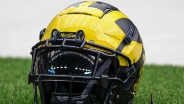 A Michigan football helmet on the sideline during open practice at NRG Stadium in Houston, Texas on Saturday, Jan. 6, 2024.