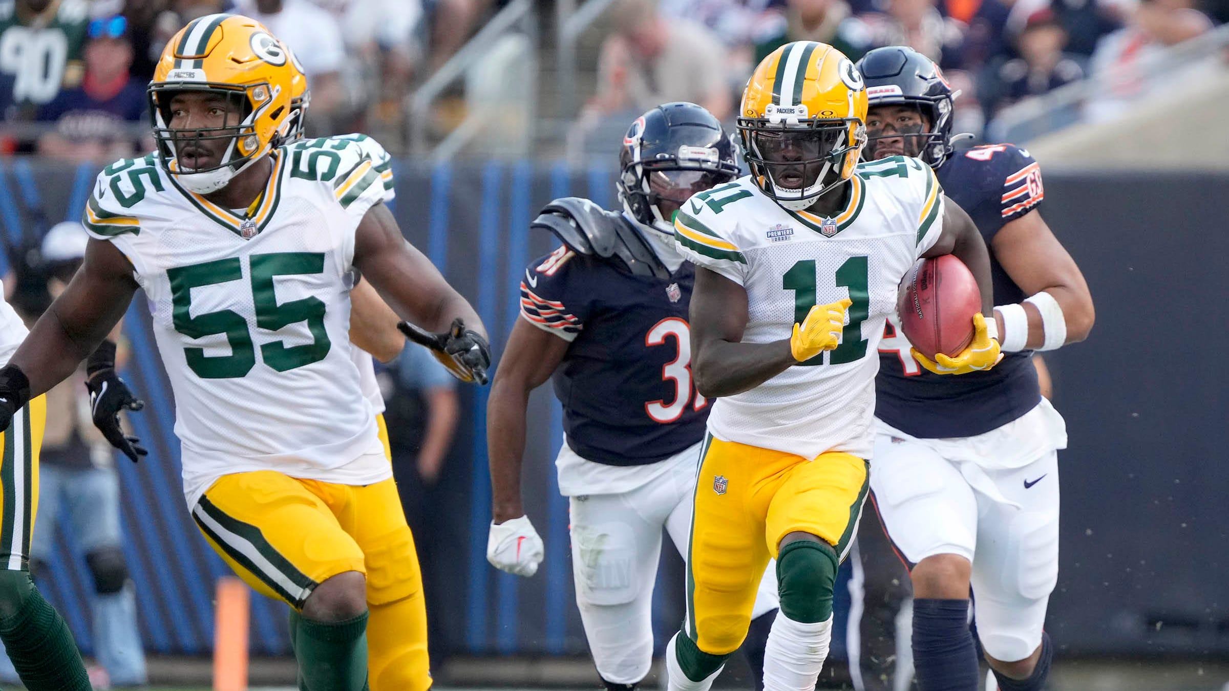 Jayden Reed gets loose on a long punt return against the Bears at Soldier Field.