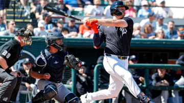 Detroit Tigers second baseman Colt Keith bats against the Yankees.
