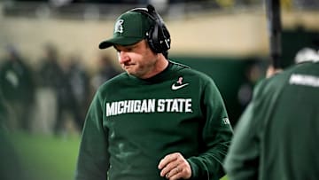 Michigan State's head coach Jonathan Smith looks on from the sideline during the fourth quarter in the game against Michigan on Saturday, Oct. 25, 2025, at Spartan Stadium in East Lansing.