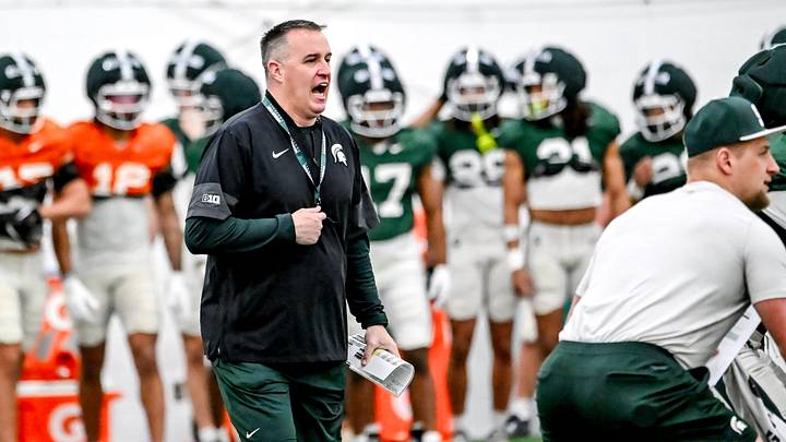 Michigan State's head coach Pat Fitzgerald calls out to players during spring football practice on Tuesday, March 24, 2026, in East Lansing.