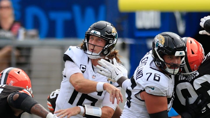 Jacksonville Jaguars quarterback Trevor Lawrence (16) throws the ball during the fourth quarter of an NFL football matchup Sunday, Sept. 15, 2024 at EverBank Stadium in Jacksonville, Fla. The Browns defeated the Jaguars 18-13. [Corey Perrine/Florida Times-Union]